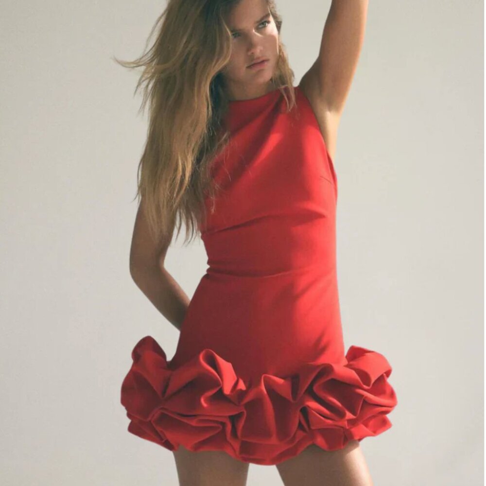 Zara Red Puff Hem Mini Dress